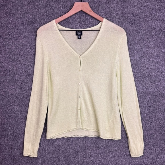 Eileen Fisher Sweaters - Eileen Fisher Petite‎ Cardigan Sweater Knit Button Up V Neck Green Linen Blend L